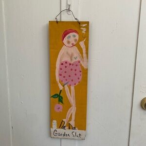 Handmade Upcycled Painted Garden Sign Smoking Woman in Bathing Suit w Heels Beer